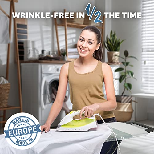Bartnelli by Rorets Classic Ironing Board with New Patent EZ-Glide Technology, Made in Europe, Premium Iron Board with Iron Rest, 4 Layer Cover, 13x43 Surface, Height Adjustable to 36", 4 Steel Legs - color: Black/Black