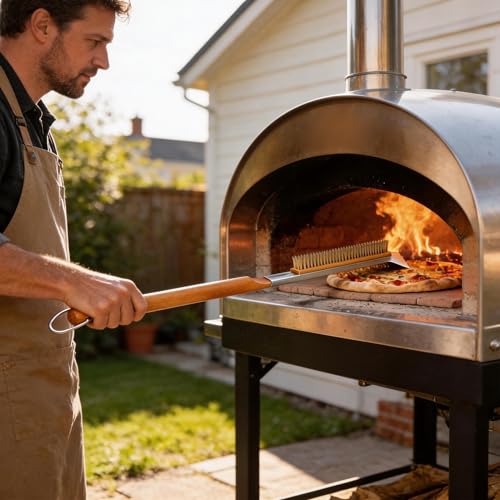 26” Pizza Oven Brush with Stone Scraper - Gentle Copper Bristles Safe for Stones, Extra Long Handle - Compatible with Ooni, Gozney, Solo Stove, Blackstone Ovens