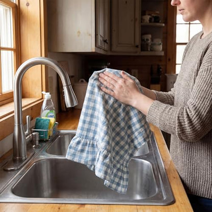 HunnmingRe 2 Pcs Dusty Blue Gingham Kitchen Towels Cotton Ruffle Dish Towel - color: Dusty Blue, style: Gingham