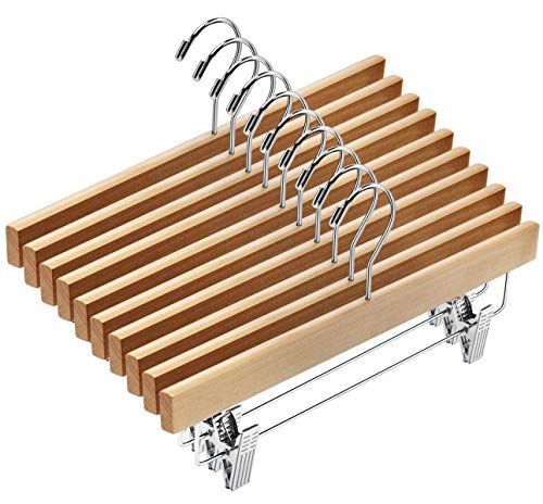 AMKUFO 20pcs Wooden Pants Hangers Solid Pants Hanger with Adjustable Clips 14 Inch Natural Wood Skirt Hangers Trousers Bottom Hanger with Non-Slip Clips and 360° Swivel Hook - color: Natural