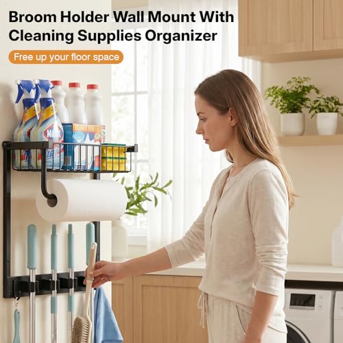 Broom Holder Wall Mount with Paper Towel Holder& Removable Anti-fall Basket
