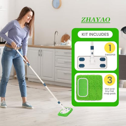 Sweeper Mop System with 3 Reusable Microfiber Mop Pads