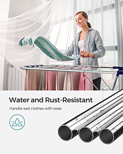 SONGMICS Clothes Drying Rack, Foldable Space-Saving Steel Laundry Rack - color: Silver + Blue, size: 1 Tier （21.7"d x 58.3"w x 39.4"h）