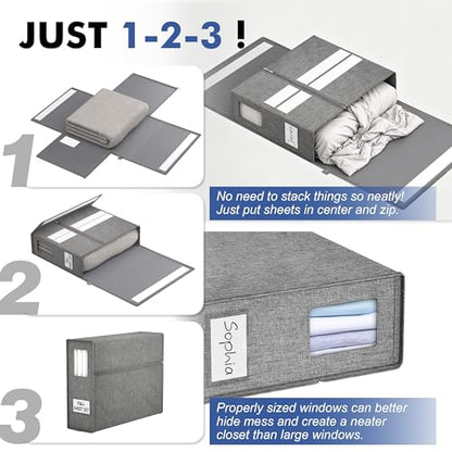 Furnhome Bed Sheet Organizers and Storage 3 Pack, Foldable Linen Closet Organizer Box with Clear Window, Labels & Reinforced Handles, Stackable Space Saving Bedding Storage for King Queen Sheet Set - size: 3 Pack