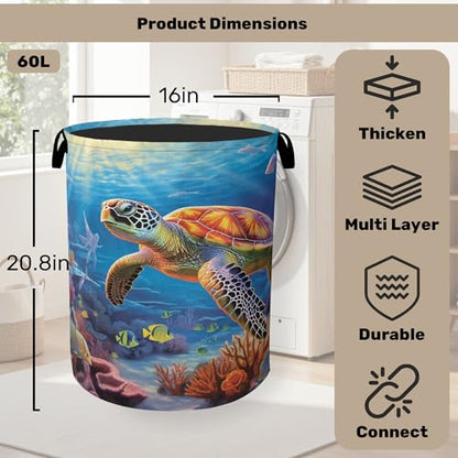 Sea Turtle Large Clothes Hamper Bag - Laundry Basket with Handles, Space Saving Foldable Design for Nursery - color: Sea Turtle