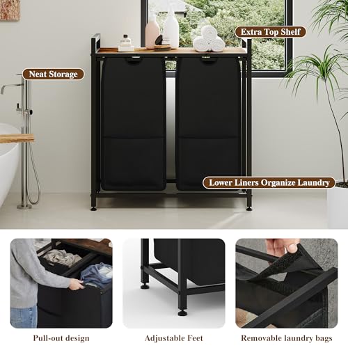 Laundry Sorter, 2 Section, Black, 26.8x13x28.5 Inch - size: 2 Bags-97L / Rustic Brown + Black