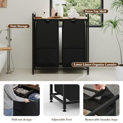 Laundry Sorter, 2 Section, Black, 26.8x13x28.5 Inch - size: 2 Bags-97L / Rustic Brown + Black