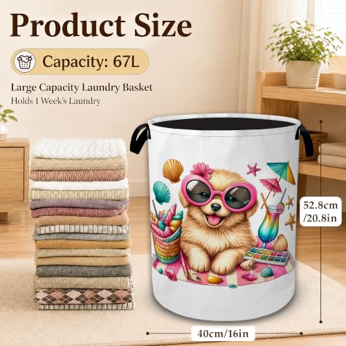 Beach Puppy Summer Vacation Collapsible Laundry Hamper for Bedroom, Freestanding Oxford Clothes Basket, Large Foldable Storage Bin with Easy-Carry Handles for Bathroom Dorm Laundry Room - color: Beach Puppy Summer Vacation