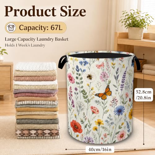 Wildflower Butterfly Collapsible Laundry Hamper for Bedroom, Freestanding Oxford Clothes Basket, Large Foldable Storage Bin with Easy-Carry Handles for Bathroom Dorm Laundry Room - color: Wildflower Butterfly