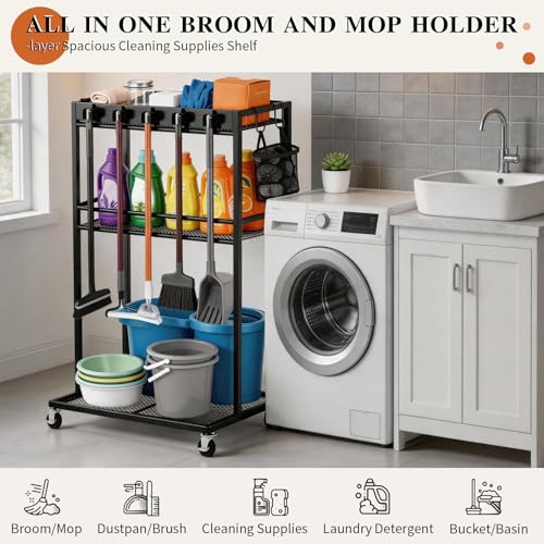 Broom Holder with Cleaning Supplies Organizer,Rolling Cleaning Cart