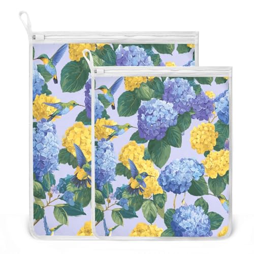 Mesh Laundry Bags Lingerie Bags for Washing Delicates 2 PCS Durable Wash Bag with Zipper Small and Medium Washable Blue Hydrangeas Hummingbirds - color: Blue Hydrangeas Hummingbirds