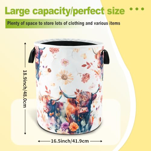 Highland Cow Floral Laundry Basket Foldable Waterproof 18.9 x 16.5 Inch - color: Beautiful Highland Cow