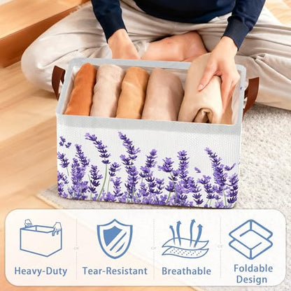 Lavender Storage Baskets,Foldable Organizer Bin with Handles for Home Living Room Bedroom Closet Box 17x11.5x10Inch - color: Lavender
