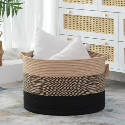 COMFY-HOMI XXXL Large Laundry Basket, Cotton Rope Nursery Woven Basket for Storage, Blanket Baskets Living Room Laundry Hamper, Dog Toy Storage Organizer, Home Decor-21''x21''x13.6''-Jute and Black - color: black/camel, size: 21''x21''x13.6''