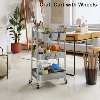 3 Tier Gray Metal Rolling Cart, Storage Cart with Handle & Lockable Wheels - color: Calm Gray, size: 3 tier