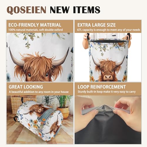 Highland Cow Laundry Hamper,Collapsible Laundry Baskets,Butterfly Flowers Dirty Clothes Baskets with Handles,Oxford Cloth Hamper for Bedroom,Bathroom,College Dorms, 16"x20" - color: Highland Cow,Butterfly Flowers