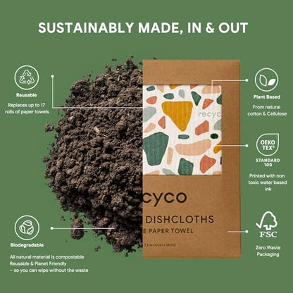 RECYCO Swedish Dishcloths for Kitchen | 5 Pack Urban Boho Terrazzo Washable Dish Rags | Cellulose Reusable Cleaning Paper Towels | Absorbent Counter Dish Cloth Sponge Kitchen Wipes, 8" L x 7" W - color: Urban Boho Terrazzo-5 Pack
