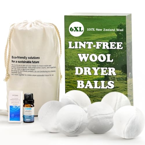 Wool Dryer Balls - Lint-Free - 6XL Pack - 1000+ Loads - Premium Natural Fabric Softener - Reduces Drying Time & Static - Includes Essential Oil - with Storage Bag