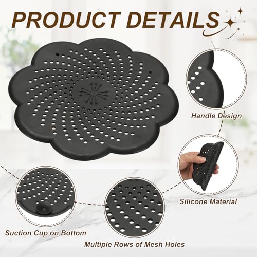 uxcell 2 Pcs Shower Silicone Drain Cover, 5.7 Inch Shower Hair Catcher Drain Cover for Shower Room Bathtubs Kitchen Sink Laundry Room, Black(Flower) - color: Black
