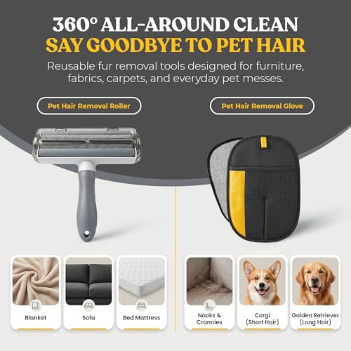 Pet Hair Remover Set for Dogs & Cats, Pet Grooming Gloves & Reusable Hair Remover Roller