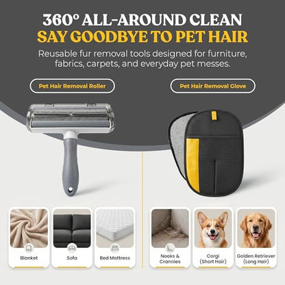 Pet Hair Remover Set for Dogs & Cats, Pet Grooming Gloves & Reusable Hair Remover Roller