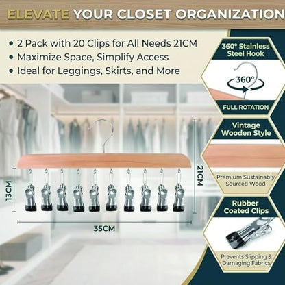 Multi-Functional Closet Organizer with 10 Clips, Space Saving Wooden Hanger for Pants, Leggings, Skirts, Scarves, Hats, Tanks, Socks (2Pcs, Wood) - color: Wood