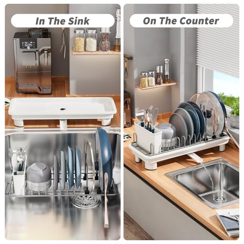 Small Dish Drying Rack, Stainless Steel with Drain Board & Utensil Holder - color: White