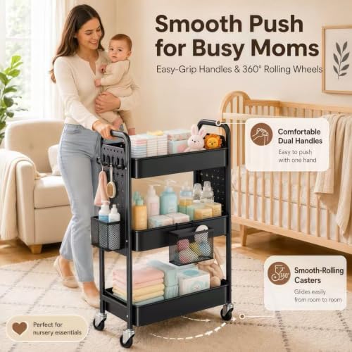 3 Tier Black Rolling Storage Cart Metal with DIY Pegboard and Wheels - color: Black