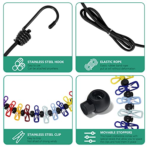 Retractable Travel Clothesline, Portable Clothesline (Including 2 Compressible Towels) 12 clothespins, Suitable for Indoor and Outdoor, Balcony, Outdoor Camping use Multicolor