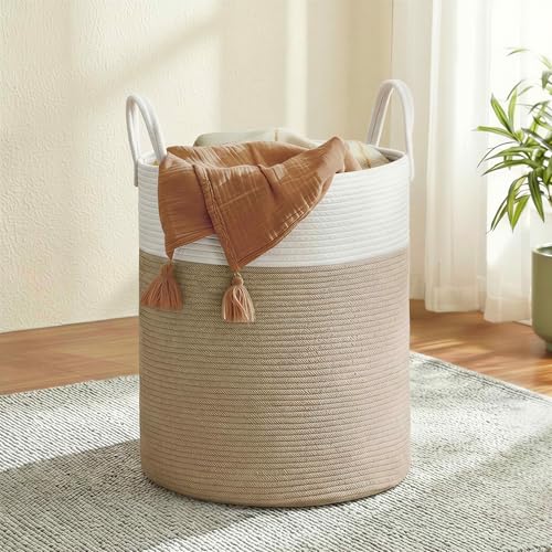 SONGMICS Laundry Hamper, Cotton Rope Basket with Handles, 15.8 Gallons - color: White + Grayish Brown, size: 60 L