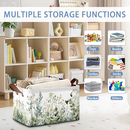 Wildflowers Herb Plants Storage Baskets,Foldable Large Capacity Organizer Bins with Waterproof Lining and Leather Handles for Closet,Shelf,Bedroom 17x11.5x10Inch - color: Wildflowers Herb Plants