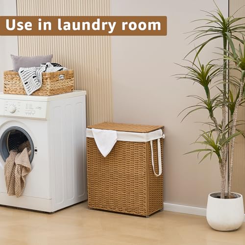 Slim Laundry Hamper with Lid, Handwoven Natural Water Hyacinth Basket - color: Brown, size: 75L