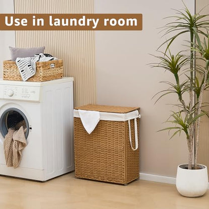 Slim Laundry Hamper with Lid, Handwoven Natural Water Hyacinth Basket - color: Brown, size: 75L