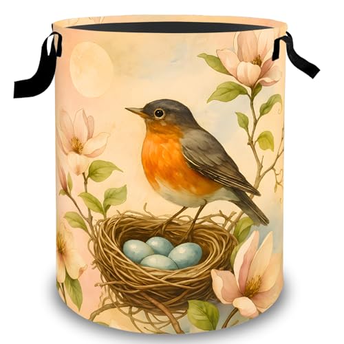 Spring Bird Laundry Basket Hamper, Organizer Bins Gifts for Women Kids, Nest Floral Robin Foldable Waterproof Clothes Hamper Handles Storage Bucket for Bedroom Bathroom Room Decor 19.7"x15.7" - color: Bird