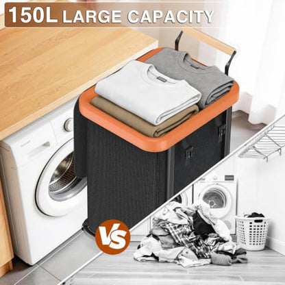 Laundry Hamper with Lid,Leather Patchwork Laundry Basket with Wheels 40Gal - color: Black, size: 1 Section