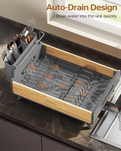 Urackify Modern Dish Rack for Kitchen Counter,Stainless Steel & Bamboo,Grey - color: Gray, size: 1 Tier