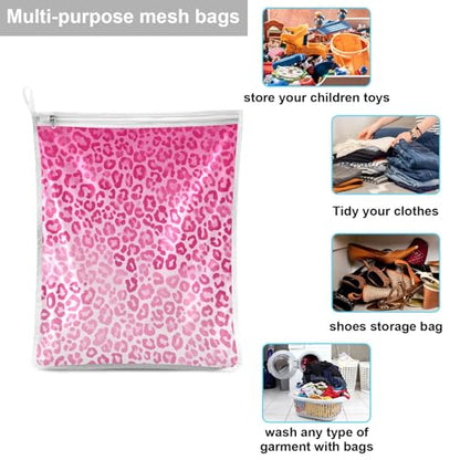 Mesh Laundry Bags Lingerie Bags for Washing Delicates 2 PCS Durable Wash Bag with Zipper Small and Medium Washable Gradient Pink Leopard Print - color: Gradient Pink Leopard Print