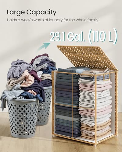 SONGMICS Laundry Hamper with Lid, 29 Gal (110 L) Synthetic Rattan,Foldable - color: Goose Yellow, size: 110 L