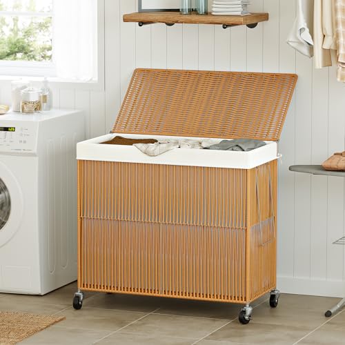 WOWLIVE Laundry Basket 3 Section, Handwoven Laundry Hamper with Wheels - color: Natural, size: 150l(28.4 X 13 X 26.4 Inches)