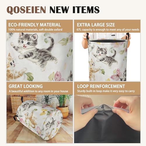 Cute Cats Laundry Hamper,Collapsible Laundry Baskets,Butterfly Floral Dirty Clothes Baskets with Handles,Oxford Cloth Hamper for Bedroom,Bathroom,College Dorms, 16"x20" - color: Cute Cats,Butterfly Floral