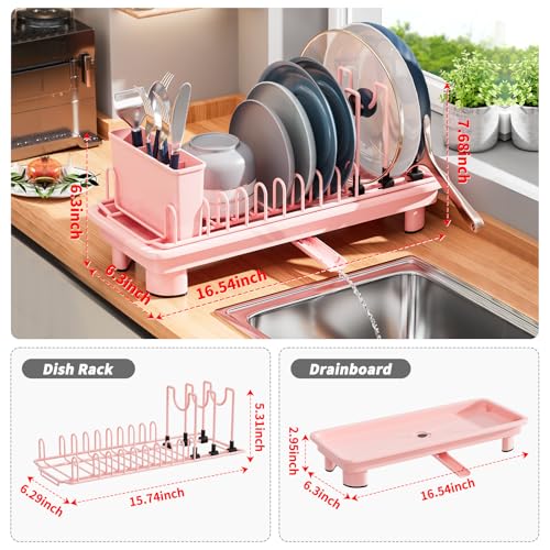 Small Dish Drying Rack, Stainless Steel with Drain Board & Utensil Holder - color: Pink