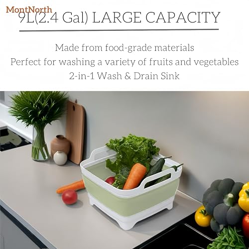 Collapsible Wash Basin 9L, Foldable Dish Tub with Drain Plug, Portable Collapsible Dish Basin, Camping Sink for Washing Dishes, Laundry & Kitchen Use (Green) - color: Green - Set of 1
