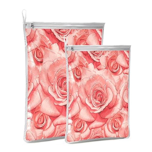 Mesh Laundry Bags Lingerie Bags for Washing Delicates 2 PCS Wash Bag with Zipper Small and Medium Washable Red Roses - color: Red Roses