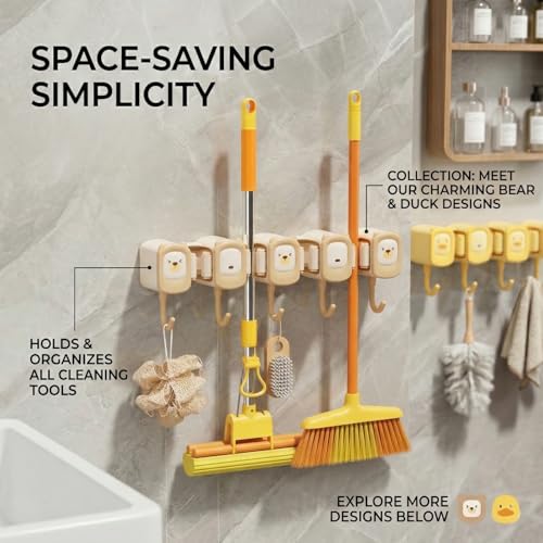 12.8 Inch Broom Holder Wall Mount - Self Adhesive Mop And Broom Organizer Wall Hanging, Cute Cleaning Tool Rack with 4 Grippers 5 Hooks - Brown/Yellow (Yellow) - color: Yellow