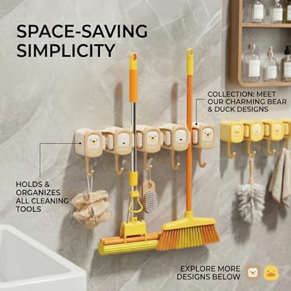 12.8 Inch Broom Holder Wall Mount - Self Adhesive Mop And Broom Organizer Wall Hanging, Cute Cleaning Tool Rack with 4 Grippers 5 Hooks - Brown/Yellow (Yellow) - color: Yellow