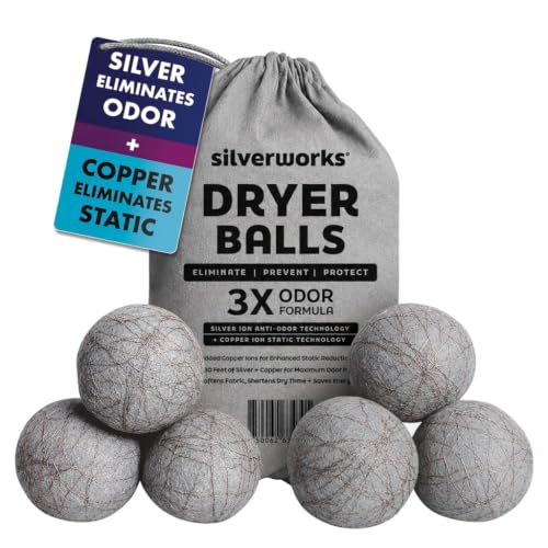 SilverWorks! Wool Dryer Balls Laundry Reusable - Odor Eliminating Dryer Laundry Balls with Silver Technology - Natural Fabric Softener and Static Reducer, Reduce Drying Time and Energy Costs - 6 Pack - color: Grey, size: 6 Count