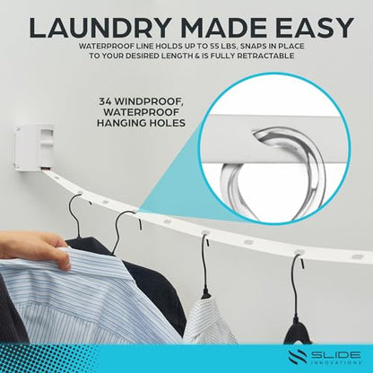 Slide Innovations Retractable Clothesline – 13 ft Indoor & Outdoor Wall-Mounted Drying Line, Heavy-Duty Space-Saving Laundry Line for Towels, Clothes, Sheets & Travel Use