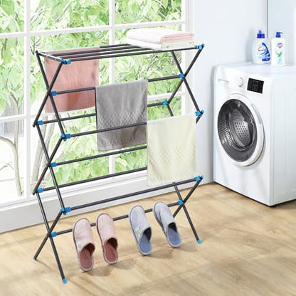 APEXCHASER Clothes Drying Rack, Foldable 2-Level Drying Rack Clothing, Stainless Steel Free-Standing Laundry Airer, with Height-Adjustable 4 Wings, Matte Black - color: Graphite, size: Small