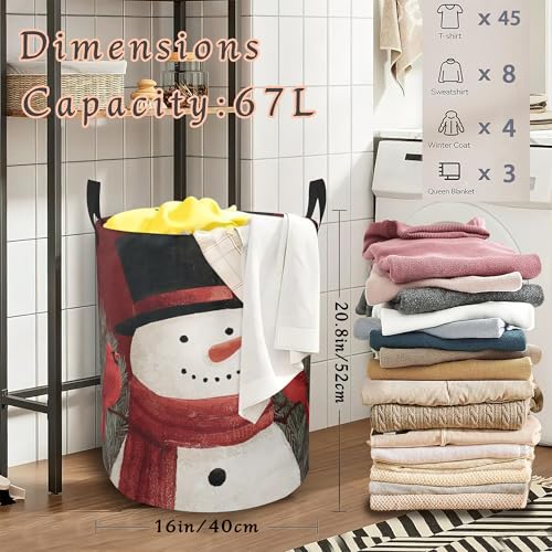 Christmas Cute Snowman Laundry Hamper with Handles,Cardinal Collapsible Waterproof Storage Basket for Dirty Clothes Books Round Organizer Bin for Bathroom Bedroom College Dorms 16" x 20.8" - color: Christmas Cute Snowman Cardinal
