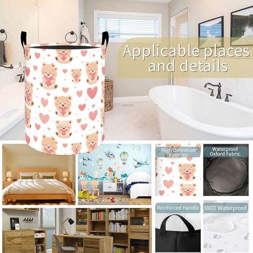 Cute Teddy Bear Heart Laundry Basket Hamper for Boys Girls Kids Adults, Foldable Waterproof Oxford Clothes Storage Bin, Bear Heart Organizer for Bedroom Bathroom Room Decor 19.7"x15.7" - style: Teddy Bear